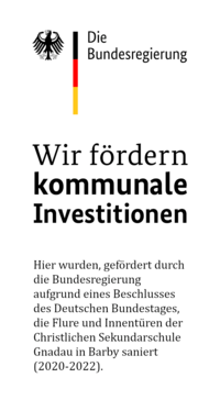 Hier wurden, gefördert durch die Bundesregierung aufgrund eines Beschlusses des Deutschen Bundestages, die Flure und Innentüren der Christlichen Sekundarschule Gnadau in Barby saniert (2020-2022).